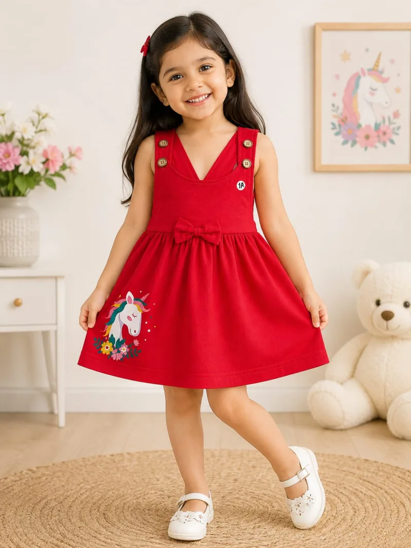 Girls Red Unicorn Printed Bow Detail Pinafore Dress