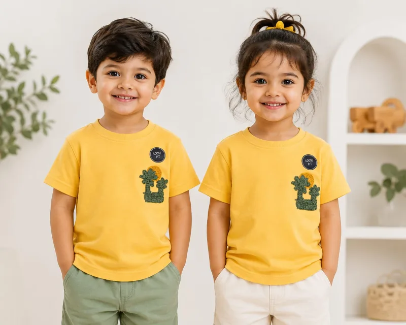 Boys Yellow 100% Cotton Loose Fit Printed T-Shirt
