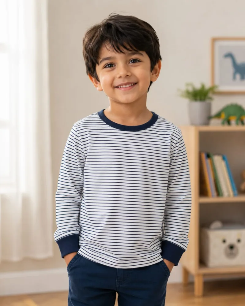 Boys Navy Blue & White Striped Full Sleeve T-Shirt
