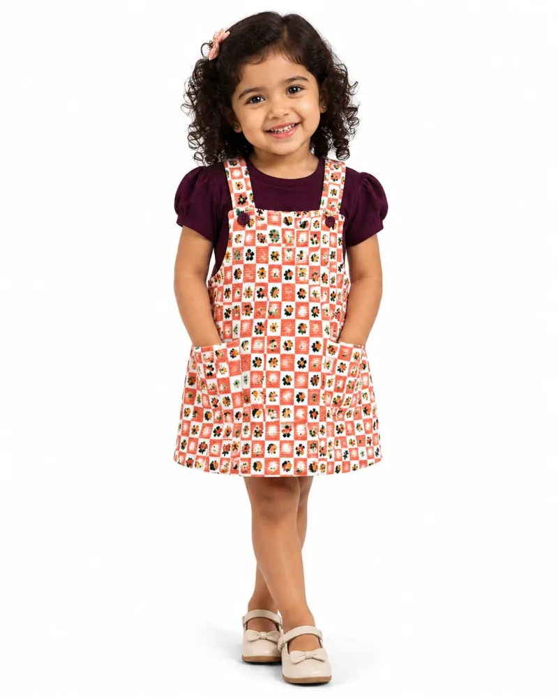 Girls Coral Floral Check Print Pinafore Dress with Puff Sleeve Top