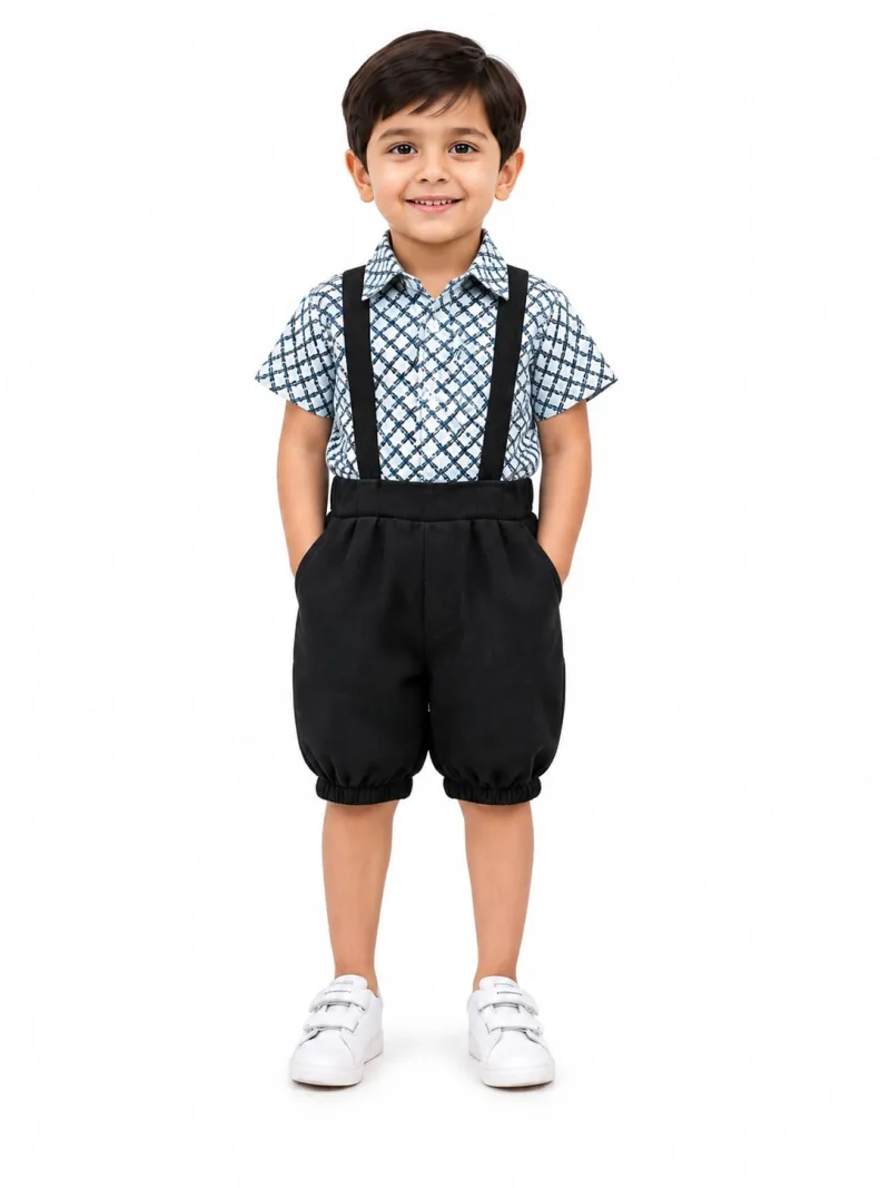 Boys Shirt with Suspender Pant Set – Checked Shirt & Black Pant