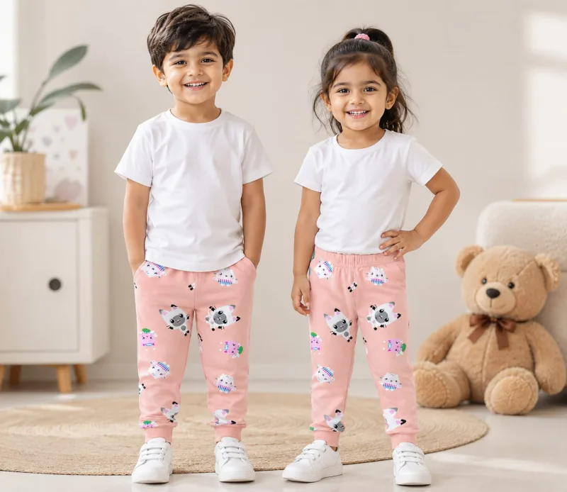 Girls Peach Unicorn & Kitty Printed Cotton Leggings