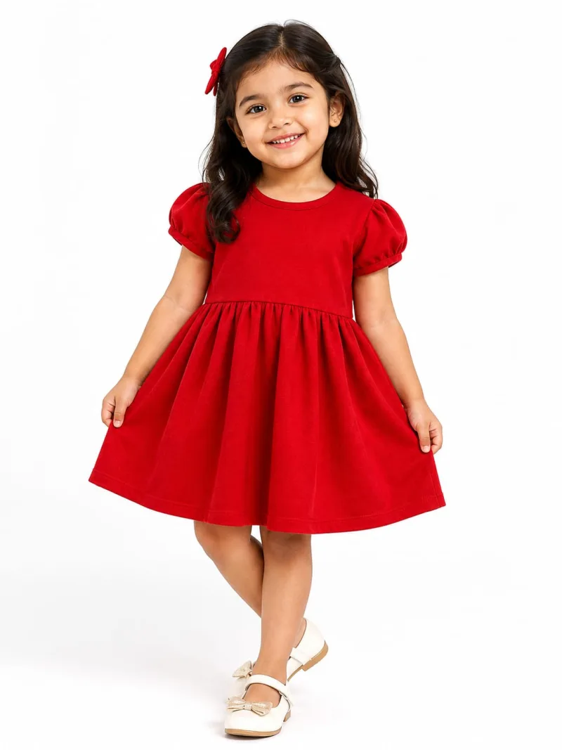 Girls Red Puff Sleeve Flared Dress