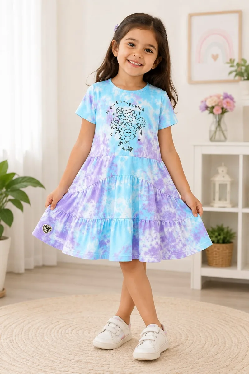 Girls Blue & Lavender Tie-Dye Floral Graphic Tiered Dress