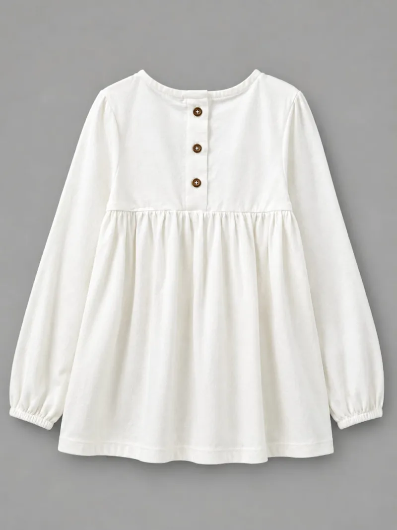 White Cotton Gathered Long Sleeve Girls Dress
