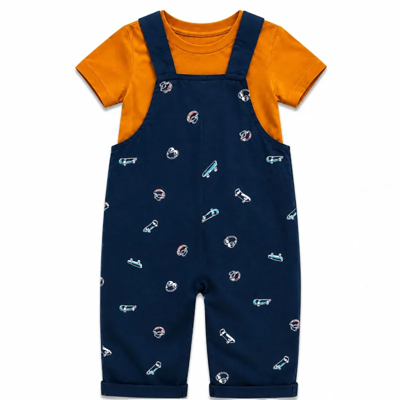 Boys Orange T-Shirt with Printed Navy Blue Dungaree Set – view 3