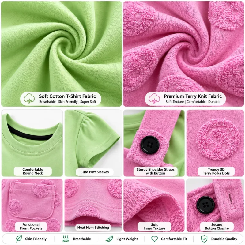 Girls Pink Dungaree Dress with Green T-Shirt Set – view 7
