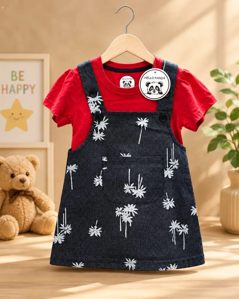 Girls Red Top with Dark Denim Floral Pinafore Dress – view 1