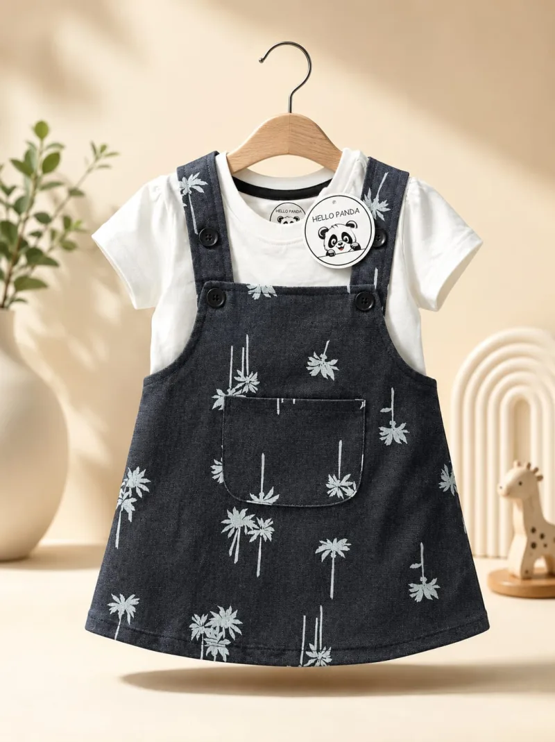 Kids Dark Grey Floral Print Overall Dress with T-Shirt – view 2