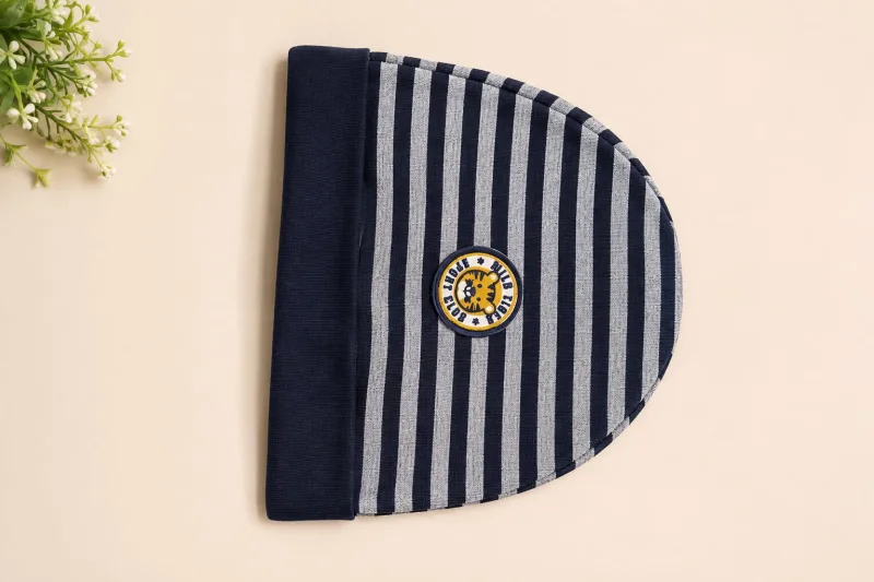 Kids Black & Grey Striped Cotton Cap with Badge – view 2