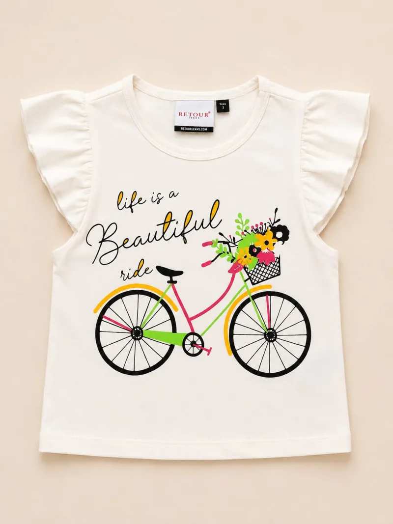 Girls Cream Printed Ruffle Sleeve T-Shirt – Life Is a Beautiful Ride – view 2