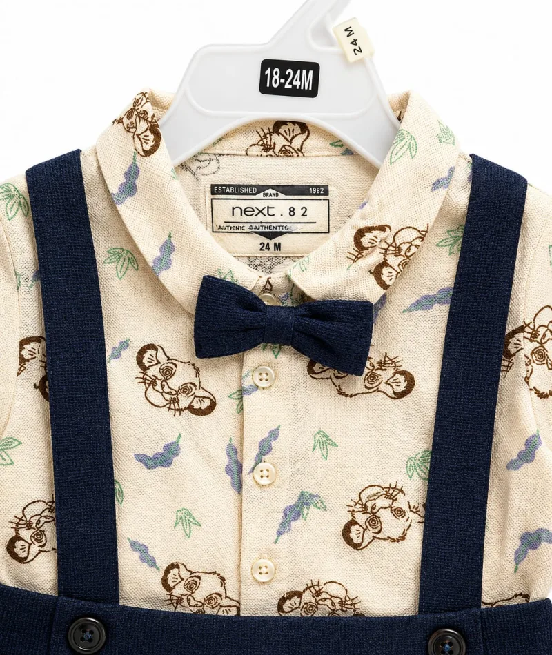 Baby Boys Cream Printed Shirt with Navy Blue Suspender Shorts Set – view 2