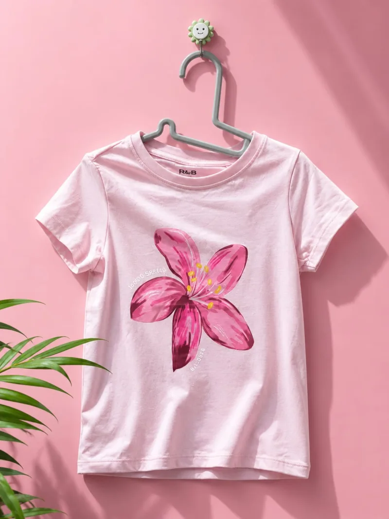 Girls Light Pink Floral Printed Round Neck T-Shirt – view 2