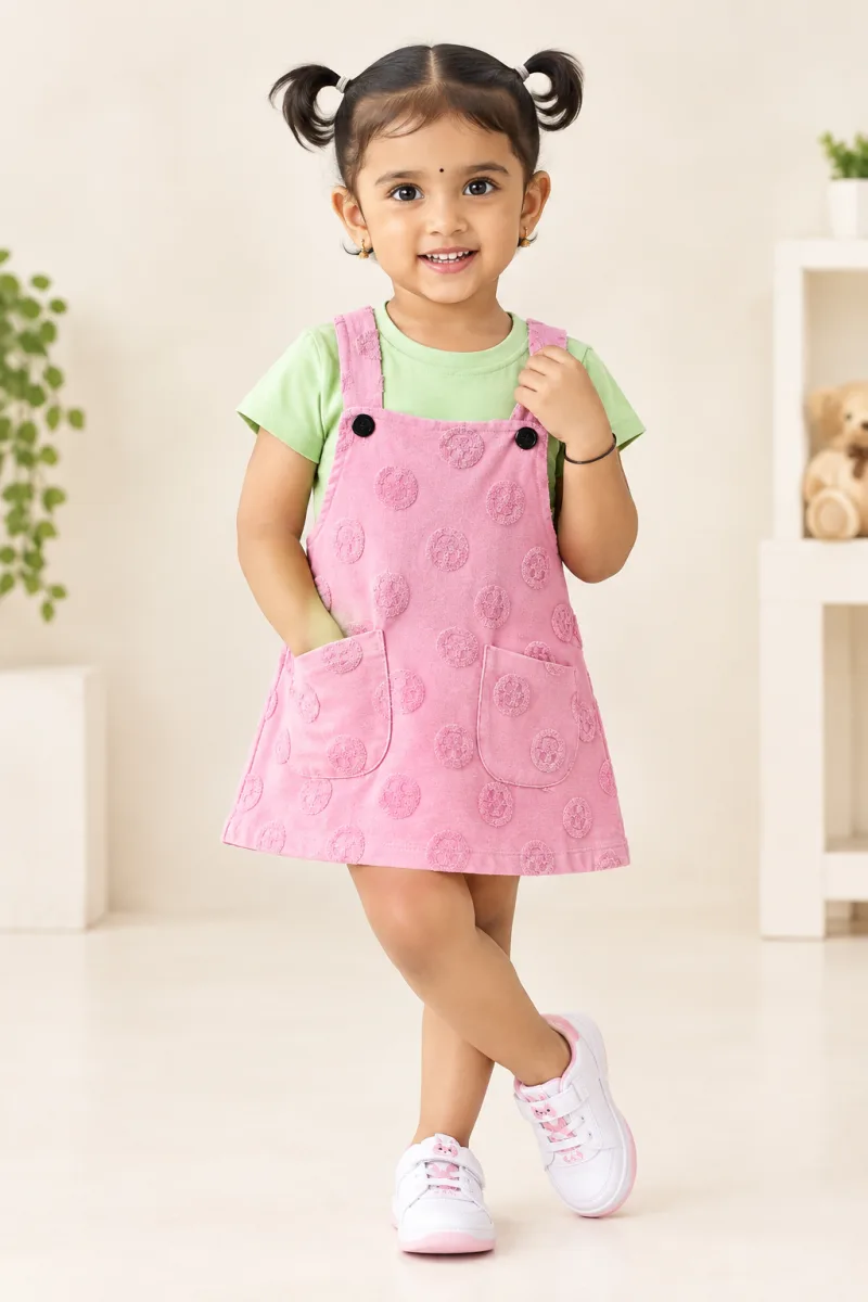 Girls Pink Dungaree Dress with Green T-Shirt Set – view 1