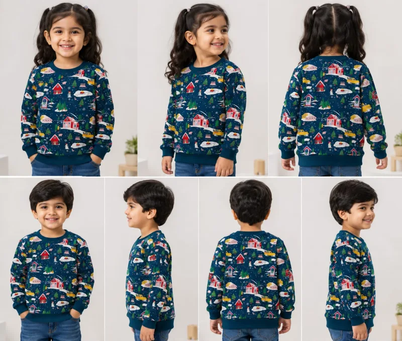 Kids Christmas Village Print Sweatshirt (Teal) – view 4