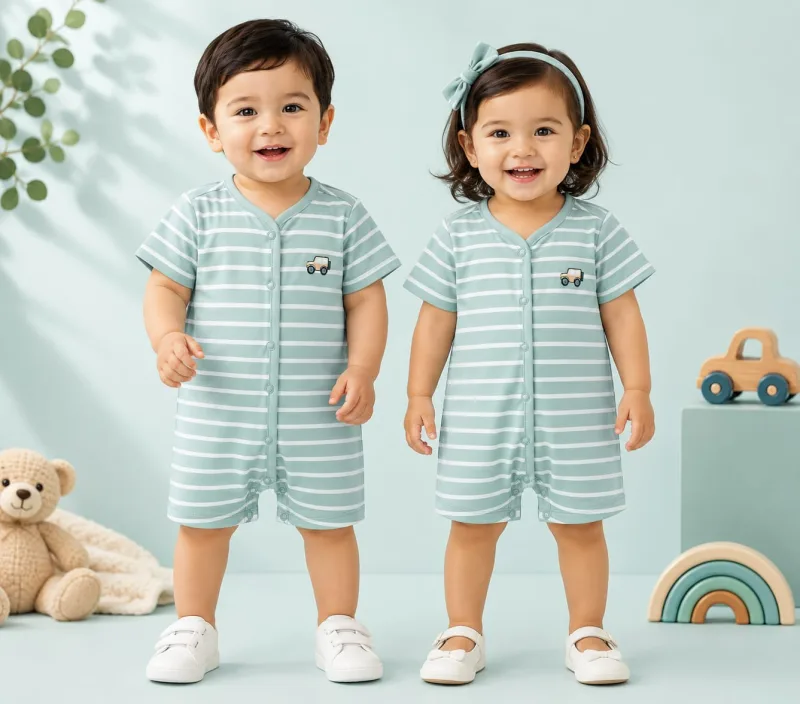 Baby Boy Mint Green & White Striped Cotton Romper – view 1
