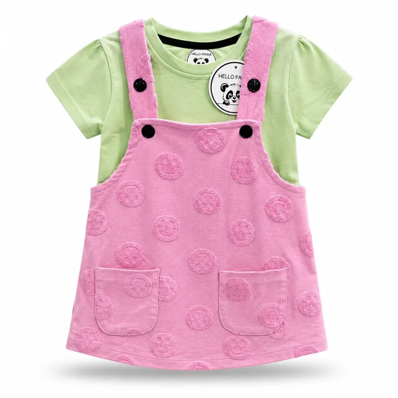 Girls Pink Dungaree Dress with Green T-Shirt Set – view 3