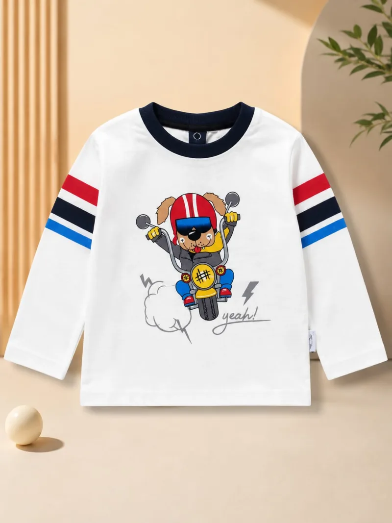 Kids White Printed Full Sleeve T-Shirt with Striped Sleeves – view 2