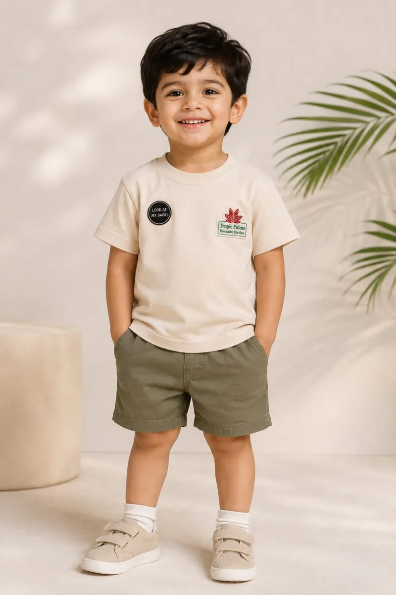 Boys Cream Printed Round Neck Half Sleeve T-Shirt – view 1