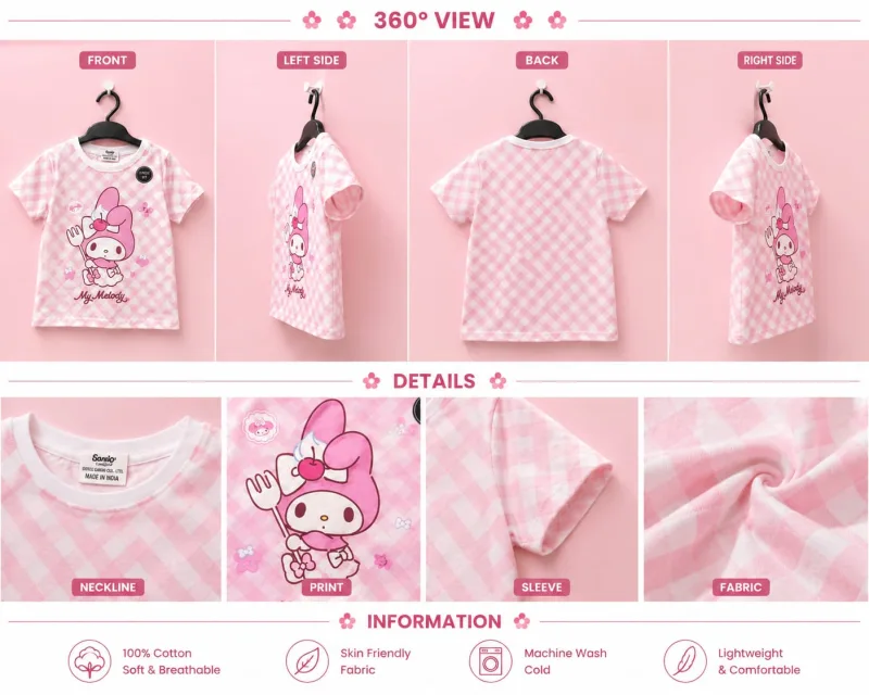 Girls My Melody Printed Pink Checkered Cotton T-Shirt – view 4