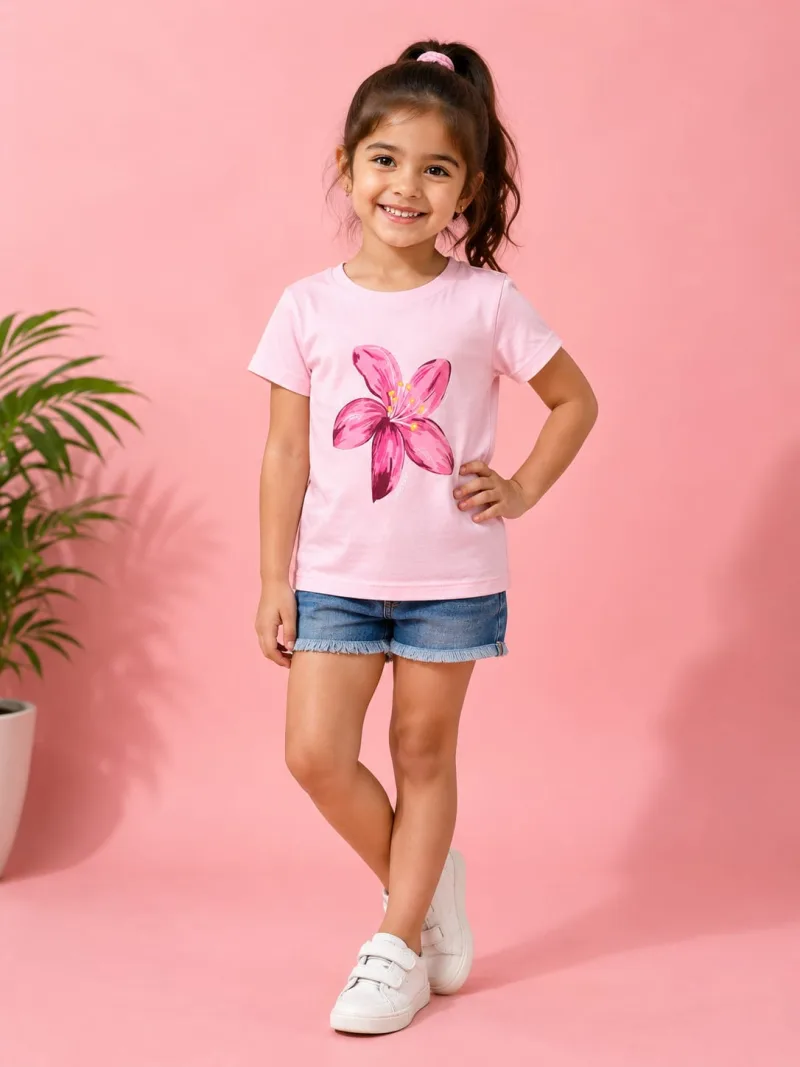 Girls Light Pink Floral Printed Round Neck T-Shirt – view 1