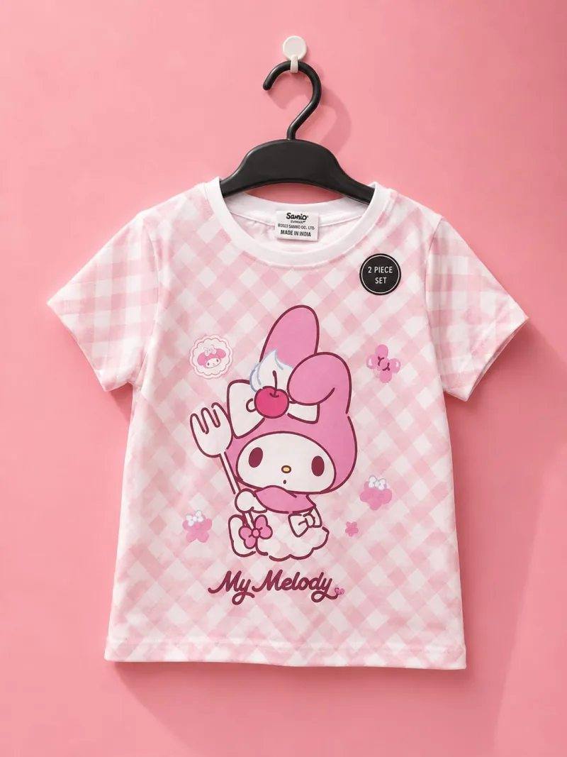 Girls My Melody Printed Pink Checkered Cotton T-Shirt – view 2