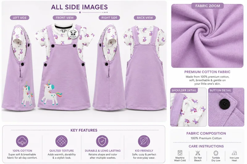 Girls’ Lavender Unicorn Dungaree Dress with Printed T-Shirt – view 5