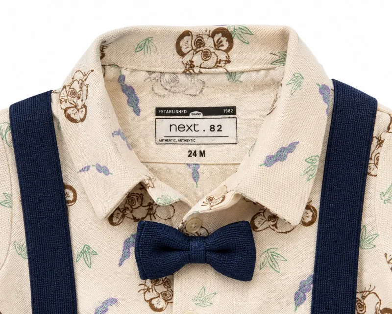 Baby Boys Cream Printed Shirt with Navy Blue Suspender Shorts Set – view 4