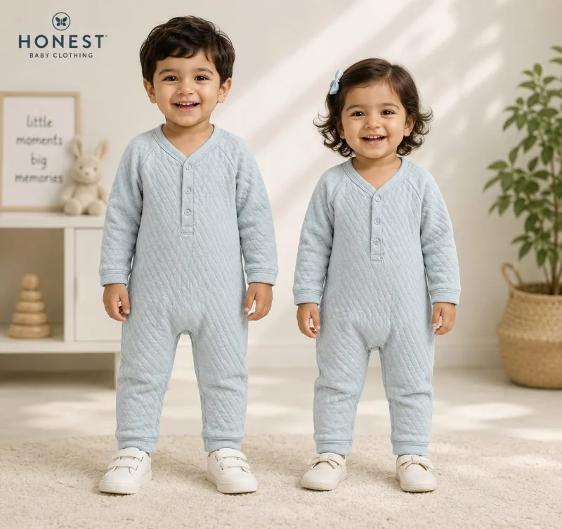 Baby Quilted Full Sleeve Henley Romper – Light Blue – view 1