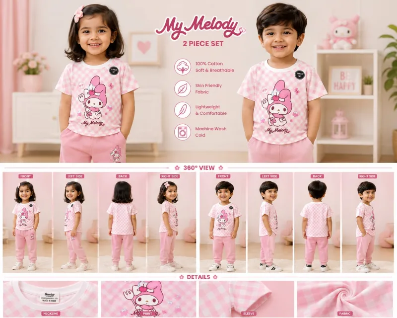Girls My Melody Printed Pink Checkered Cotton T-Shirt – view 6