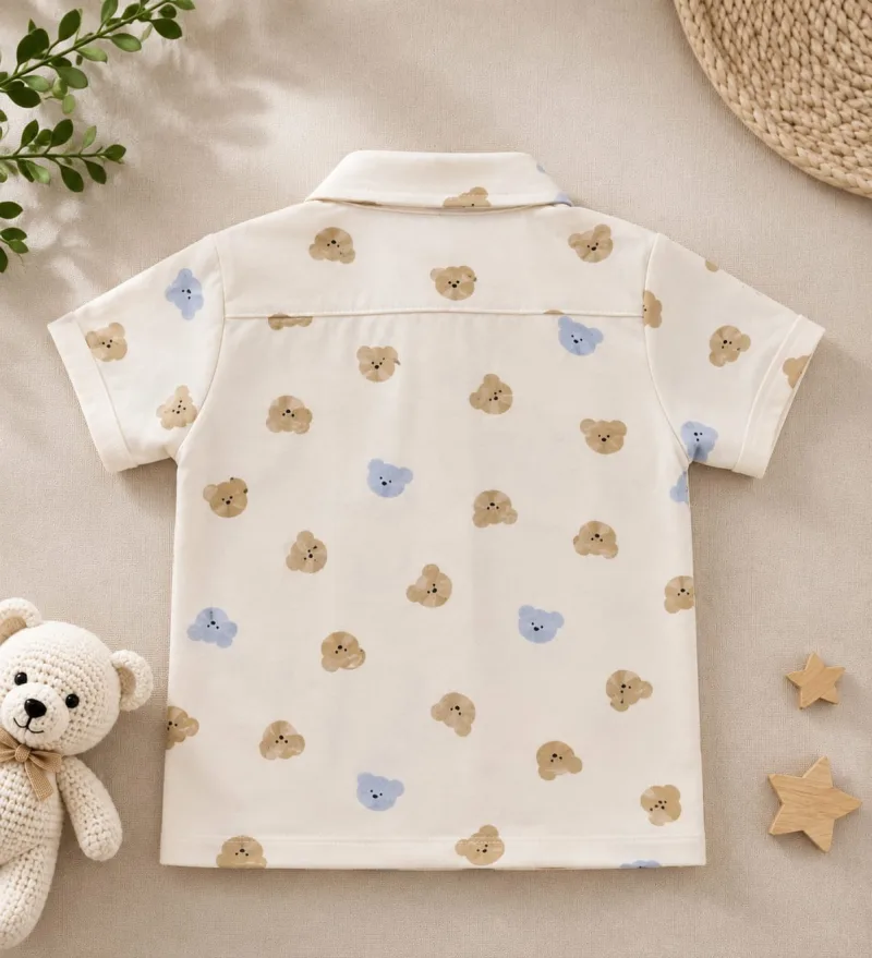 Baby Boy Cream Cotton Bear Print Half Sleeve Shirt – view 3
