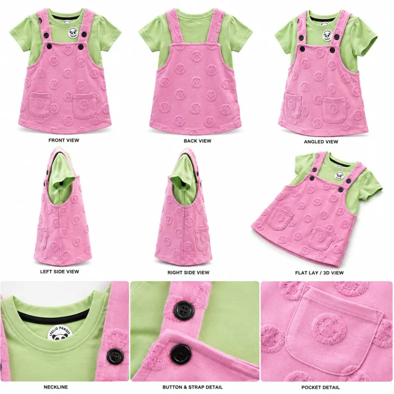 Girls Pink Dungaree Dress with Green T-Shirt Set – view 6