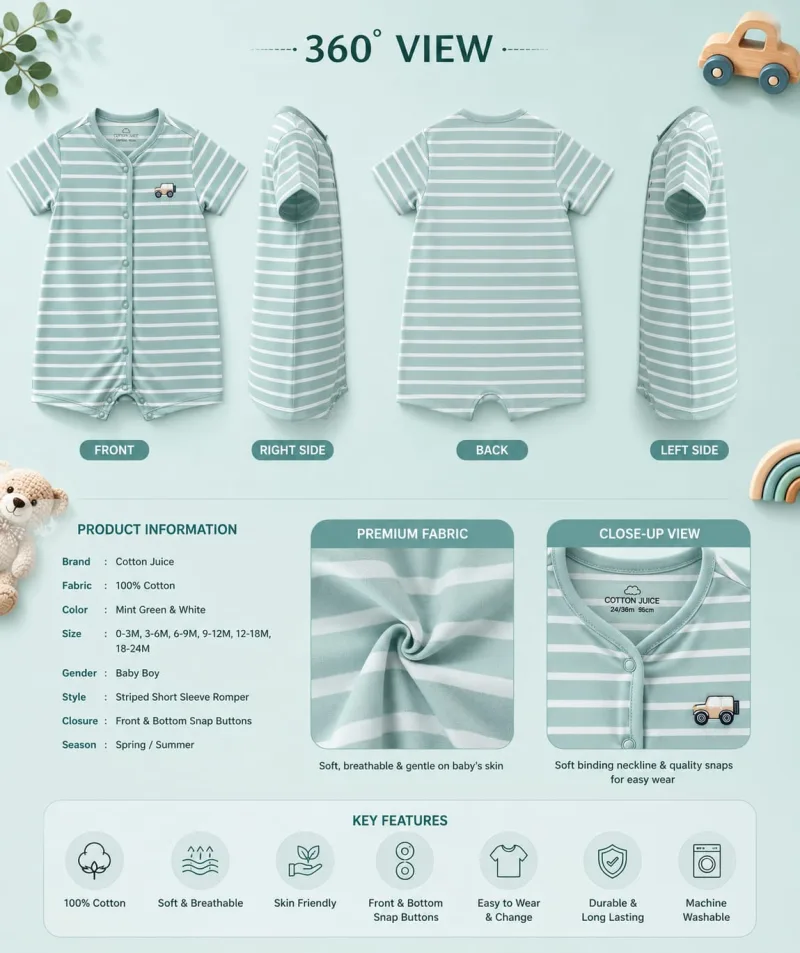 Baby Boy Mint Green & White Striped Cotton Romper – view 5