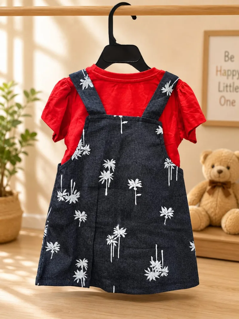 Girls Red Top with Dark Denim Floral Pinafore Dress – view 3