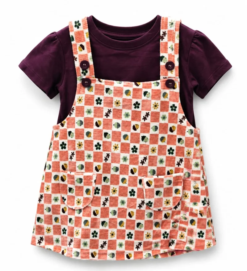 Girls Coral Floral Check Print Pinafore Dress with Puff Sleeve Top – view 2