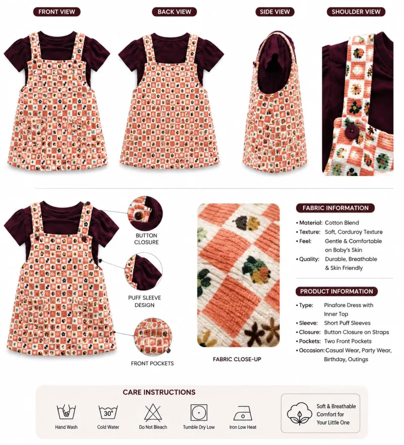 Girls Coral Floral Check Print Pinafore Dress with Puff Sleeve Top – view 5
