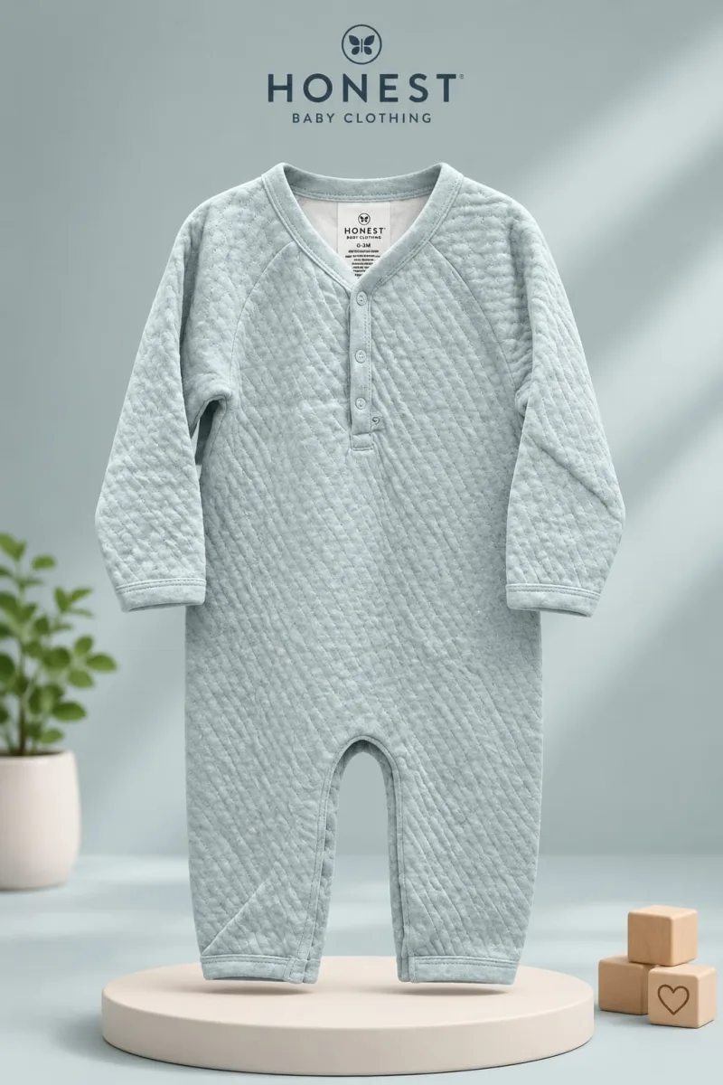 Baby Quilted Full Sleeve Henley Romper – Light Blue – view 2