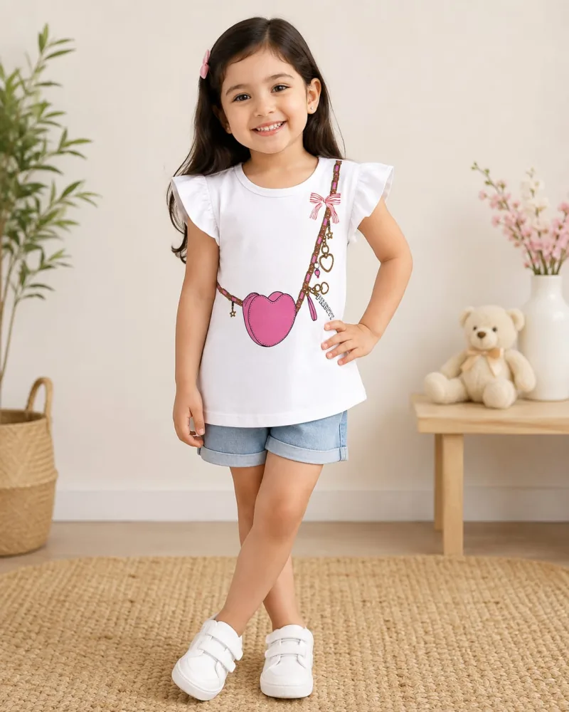 Name: Girls White Flutter Sleeve Printed T-Shirt – view 1