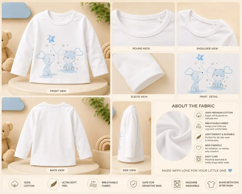 Baby Full Sleeve 100% Cotton Bear & Star Print T-Shirt – view 6