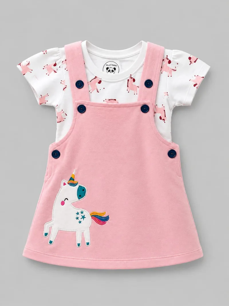 Girls Pink Unicorn Pinafore Dress with Printed T-Shirt – view 3