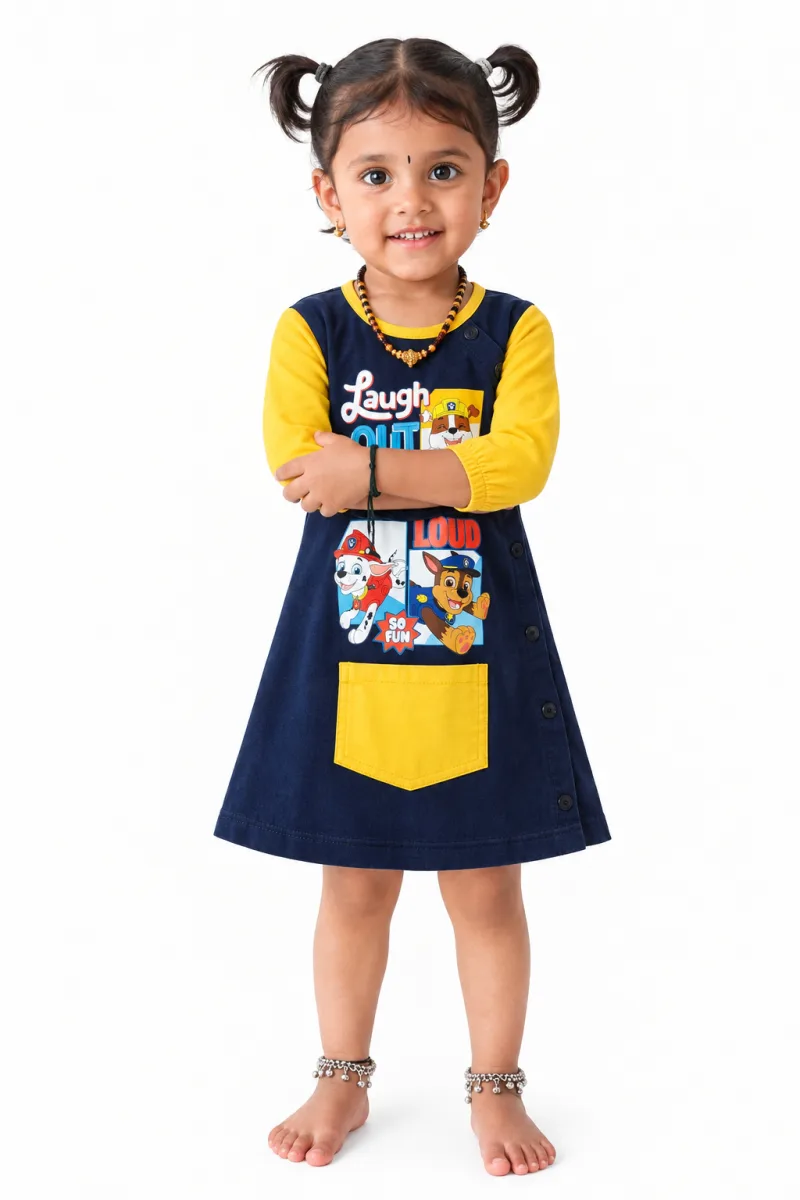 Girls Black & Yellow Cartoon Print Full Sleeve Dress – view 1