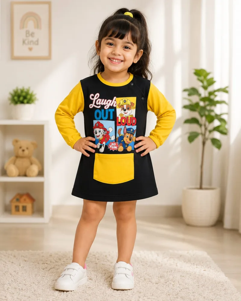 Girls Black & Yellow Cartoon Print Full Sleeve Dress – view 2