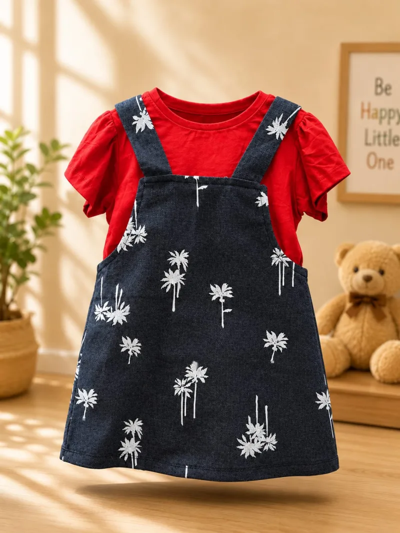 Girls Red Top with Dark Denim Floral Pinafore Dress – view 2