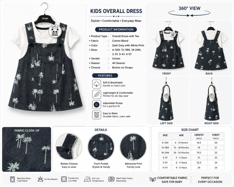 Kids Dark Grey Floral Print Overall Dress with T-Shirt – view 5