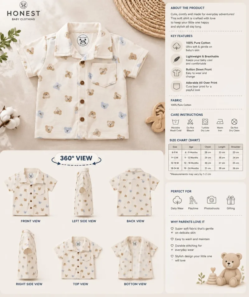 Baby Boy Cream Cotton Bear Print Half Sleeve Shirt – view 5