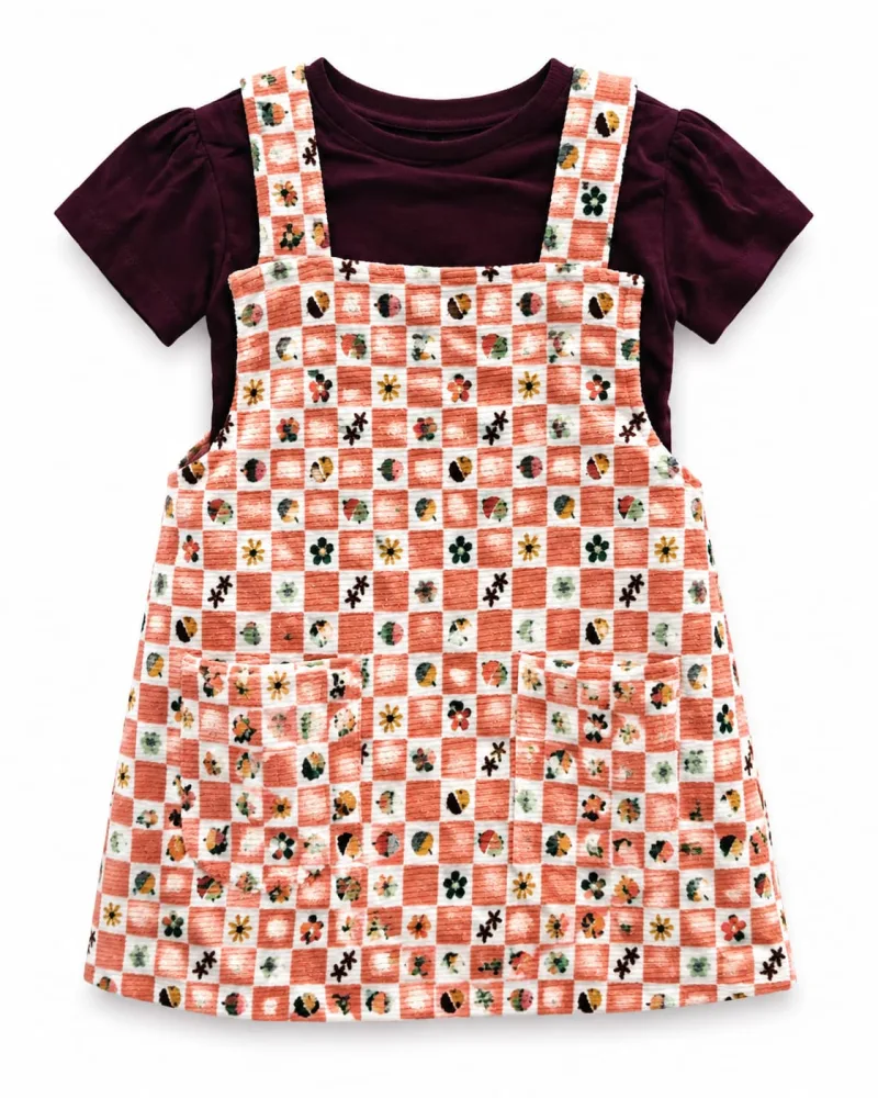 Girls Coral Floral Check Print Pinafore Dress with Puff Sleeve Top – view 3
