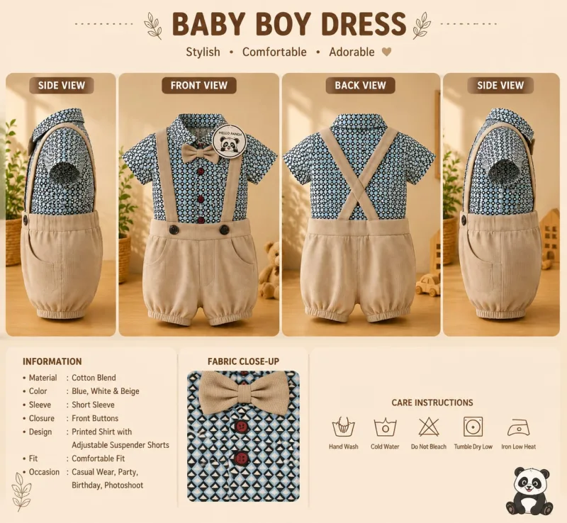 Baby Boys Blue Printed Shirt with Beige Suspender Shorts Set – view 5