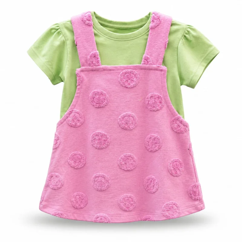 Girls Pink Dungaree Dress with Green T-Shirt Set – view 4