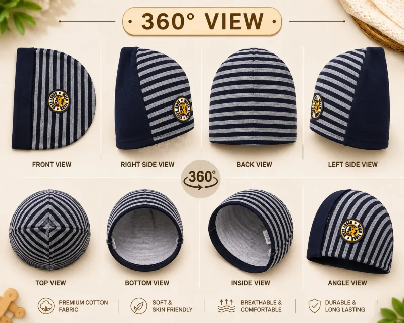 Kids Black & Grey Striped Cotton Cap with Badge – view 4