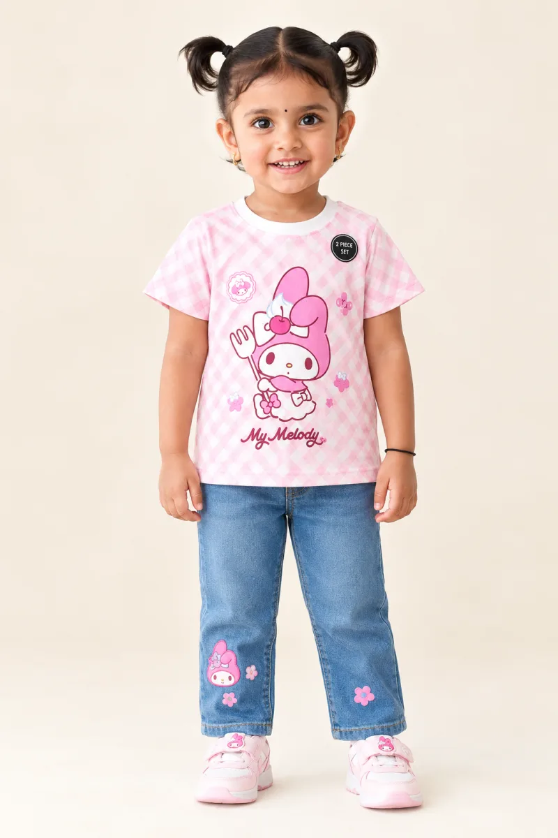 Girls My Melody Printed Pink Checkered Cotton T-Shirt – view 1